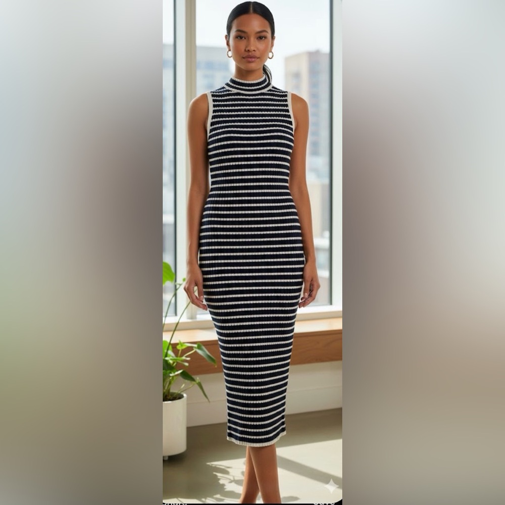 Ribbed Knit Sleeveless MIDI Dress - Navy & Gray SZ L | Fits Small To Medium - Picture 1 of 5